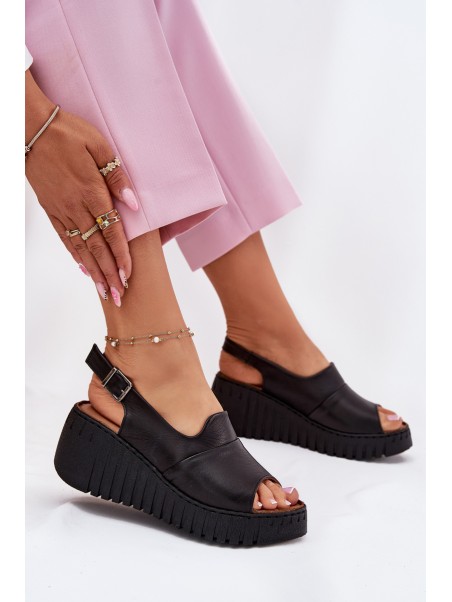 Ladies Sandals Made Of Natural Leather On Wedge Artiker Black 54C0791