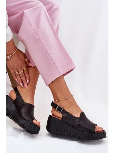 Ladies Sandals Made Of Natural Leather On Wedge Artiker Black 54C0791