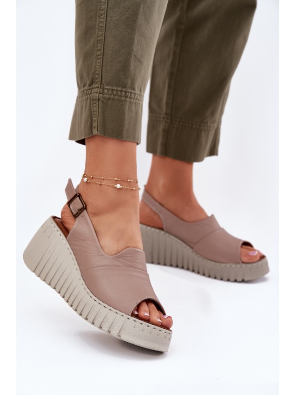 Ladies Sandals Made Of Natural Leather On Wedge Dark Beige Artiker 54C0788