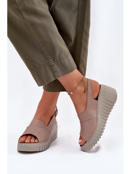 Ladies Sandals Made Of Natural Leather On Wedge Dark Beige Artiker 54C0788