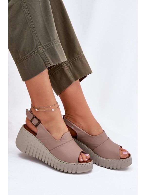 Ladies Sandals Made Of Natural Leather On Wedge Dark Beige Artiker 54C0788