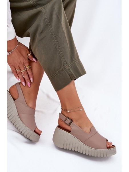 Ladies Sandals Made Of Natural Leather On Wedge Dark Beige Artiker 54C0788