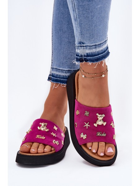 Women's Suede Slippers With Pins Fuchsia Vinceza 66741