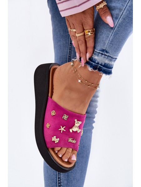 Women's Suede Slippers With Pins Fuchsia Vinceza 66741