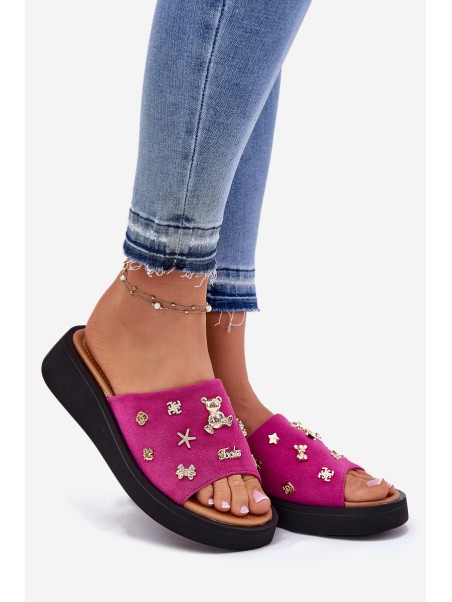 Women's Suede Slippers With Pins Fuchsia Vinceza 66741