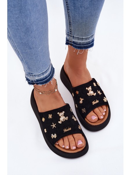 Ladies Suede Slippers With Clips Black Vinceza 66741
