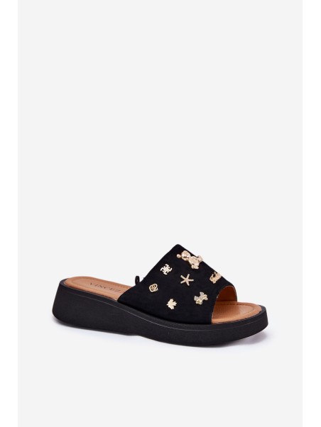 Ladies Suede Slippers With Clips Black Vinceza 66741