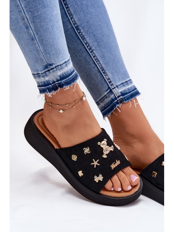 Ladies Suede Slippers With Clips Black Vinceza 66741