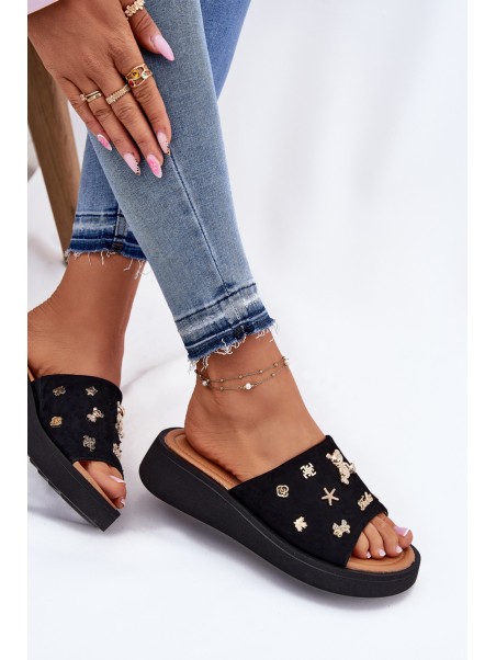 Ladies Suede Slippers With Clips Black Vinceza 66741