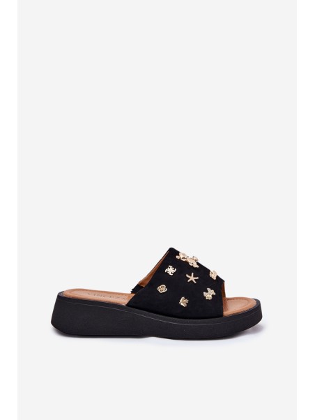 Ladies Suede Slippers With Clips Black Vinceza 66741