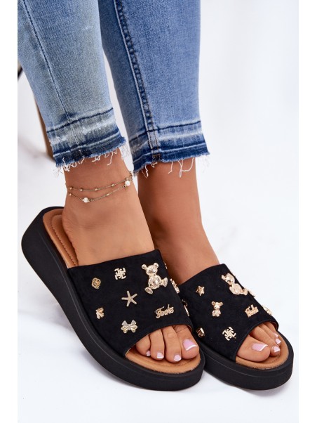 Ladies Suede Slippers With Clips Black Vinceza 66741