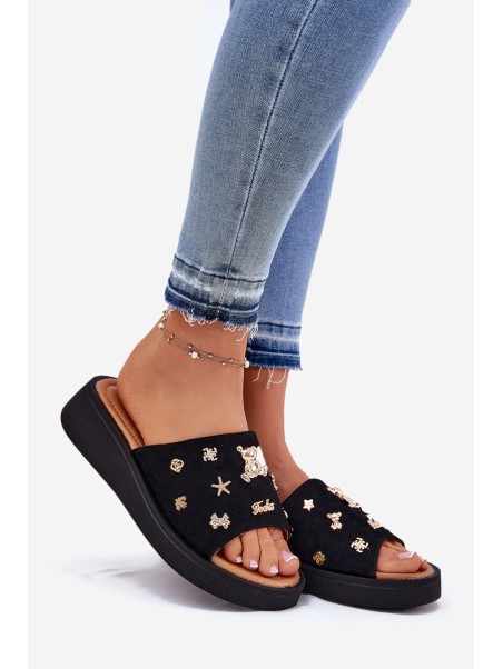 Ladies Suede Slippers With Clips Black Vinceza 66741