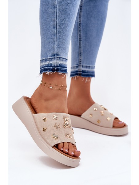 Women's Suede Slippers With Pins Vinceza 66741 Beige