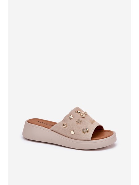 Women's Suede Slippers With Pins Vinceza 66741 Beige