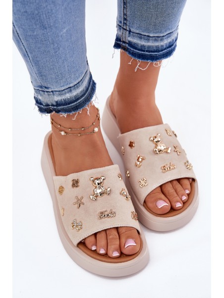 Women's Suede Slippers With Pins Vinceza 66741 Beige