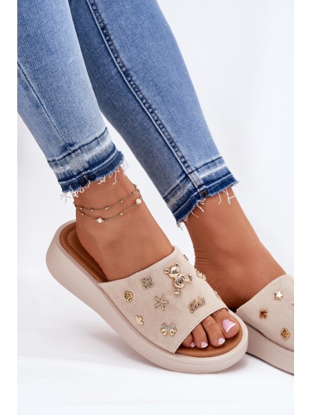 Women's Suede Slippers With Pins Vinceza 66741 Beige