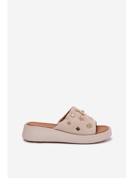 Women's Suede Slippers With Pins Vinceza 66741 Beige