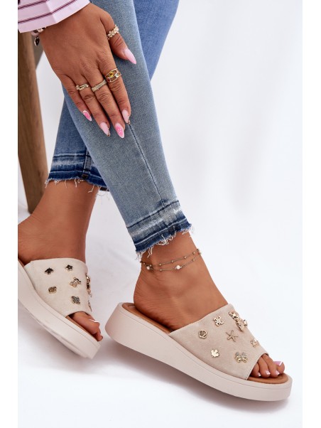 Women's Suede Slippers With Pins Vinceza 66741 Beige
