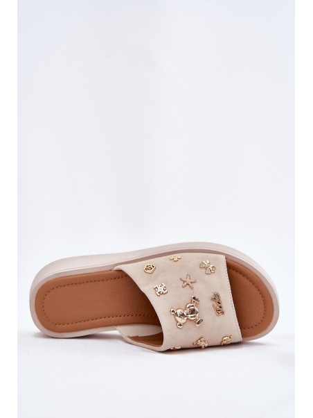 Women's Suede Slippers With Pins Vinceza 66741 Beige