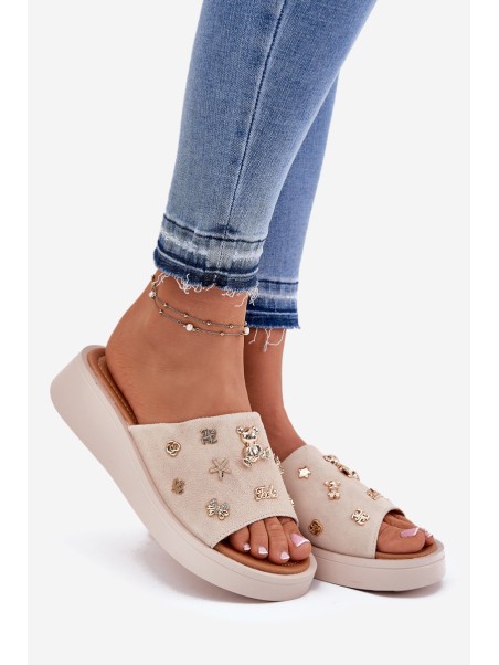Women's Suede Slippers With Pins Vinceza 66741 Beige