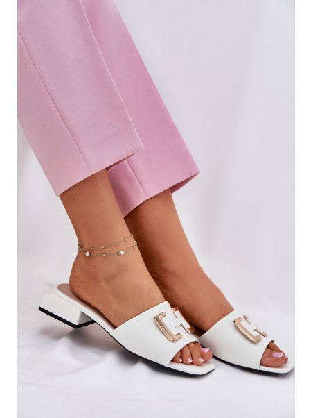 Elegant Women's Mules On A Block Heel With A Gold Detail Vinceza 62229 White