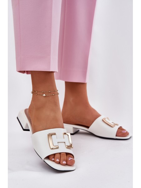 Elegant Women's Mules On A Block Heel With A Gold Detail Vinceza 62229 White