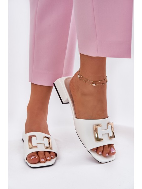 Elegant Women's Mules On A Block Heel With A Gold Detail Vinceza 62229 White