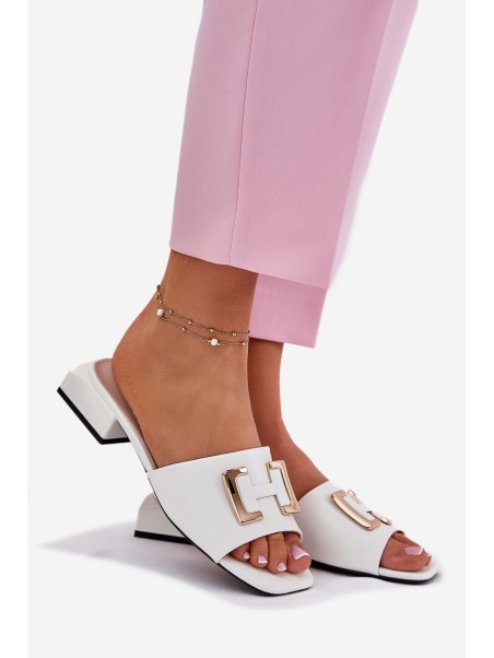 Elegant Women's Mules On A Block Heel With A Gold Detail Vinceza 62229 White
