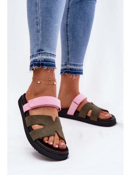 Women's Slippers With Velcro Vinceza 17401 Green-Pink