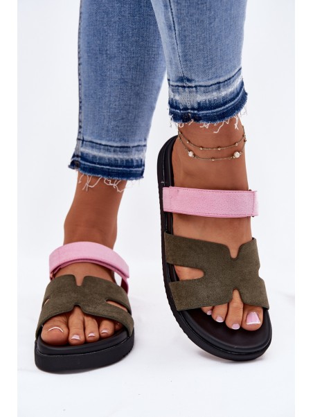 Women's Slippers With Velcro Vinceza 17401 Green-Pink