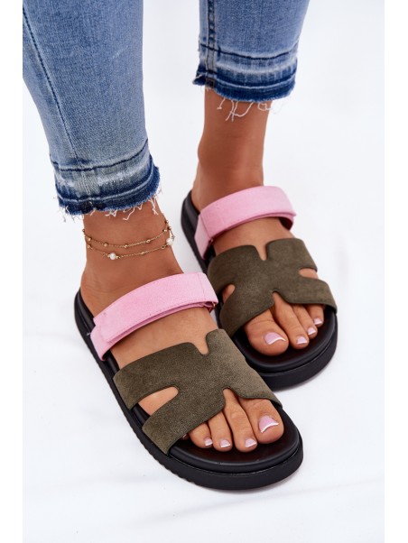 Women's Slippers With Velcro Vinceza 17401 Green-Pink