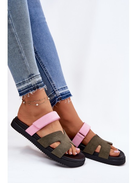 Women's Slippers With Velcro Vinceza 17401 Green-Pink