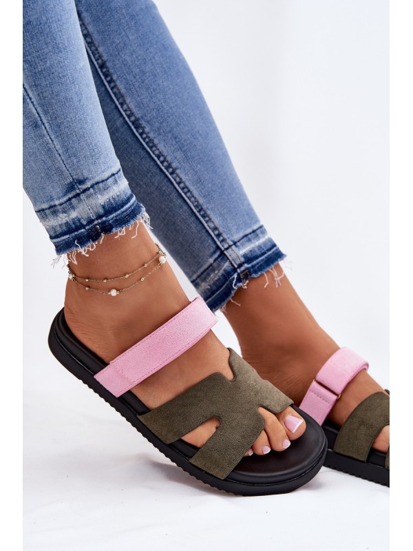 Women's Slippers With Velcro Vinceza 17401 Green-Pink