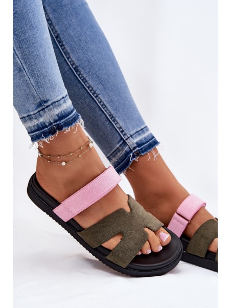 Women's Slippers With Velcro Vinceza 17401 Green-Pink