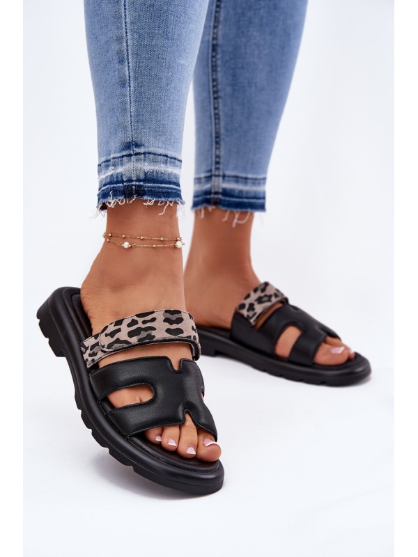 Leather Women's Sandals With Velcro Leopard Vinceza 66769 Black