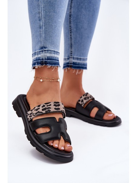 Leather Women's Sandals With Velcro Leopard Vinceza 66769 Black