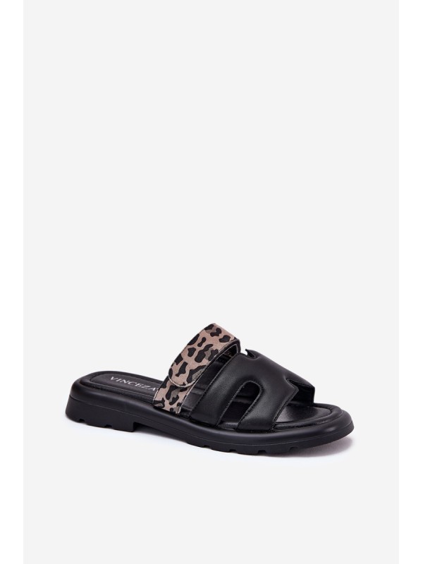 Leather Women's Sandals With Velcro Leopard Vinceza 66769 Black