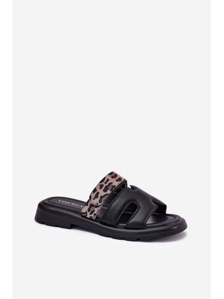 Leather Women's Sandals With Velcro Leopard Vinceza 66769 Black