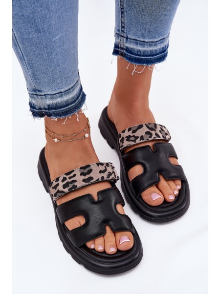 Leather Women's Sandals With Velcro Leopard Vinceza 66769 Black
