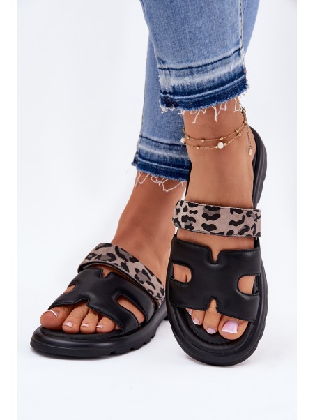 Leather Women's Sandals With Velcro Leopard Vinceza 66769 Black