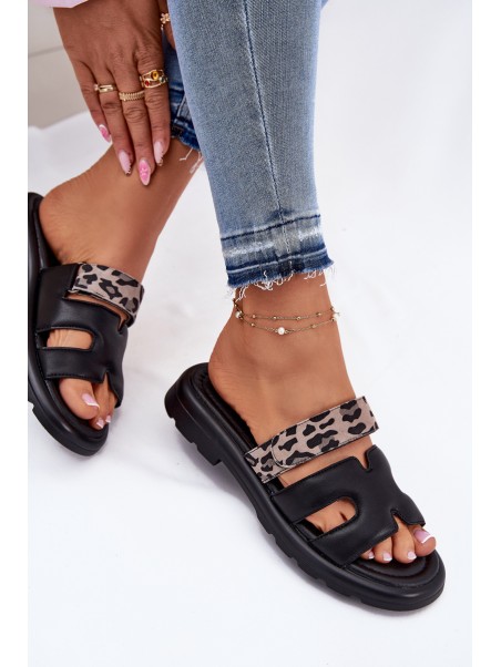 Leather Women's Sandals With Velcro Leopard Vinceza 66769 Black