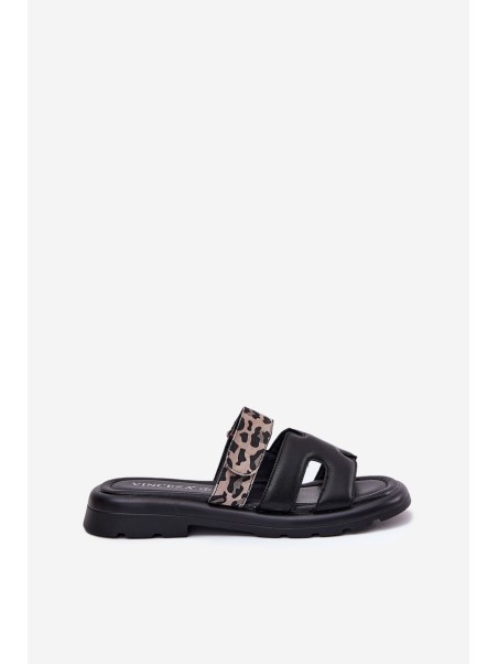 Leather Women's Sandals With Velcro Leopard Vinceza 66769 Black