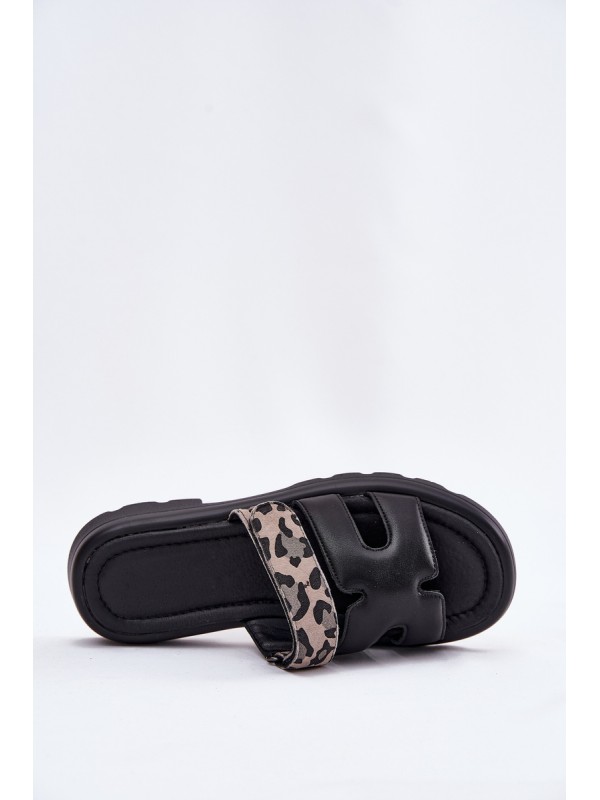 Leather Women's Sandals With Velcro Leopard Vinceza 66769 Black