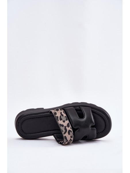 Leather Women's Sandals With Velcro Leopard Vinceza 66769 Black