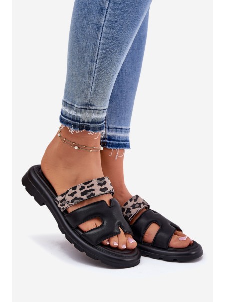 Leather Women's Sandals With Velcro Leopard Vinceza 66769 Black