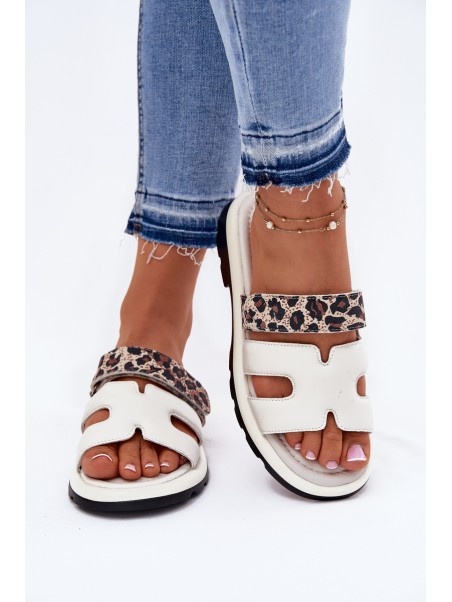 Ladies Leather Sandals With Velcro Leopard Vinceza 66769 Light Beige