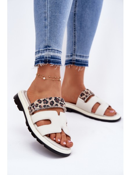 Ladies Leather Sandals With Velcro Leopard Vinceza 66769 Light Beige