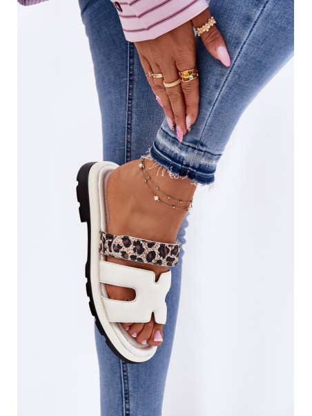 Ladies Leather Sandals With Velcro Leopard Vinceza 66769 Light Beige