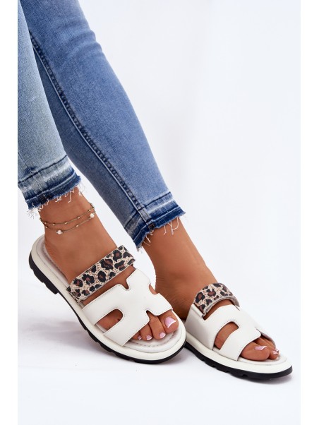 Ladies Leather Sandals With Velcro Leopard Vinceza 66769 Light Beige