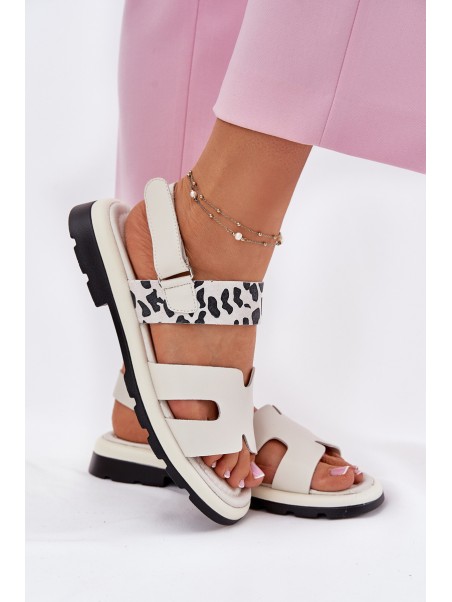 Ladies Leather Sandals On Flat Heel Leopard Vinceza 66780 Beige